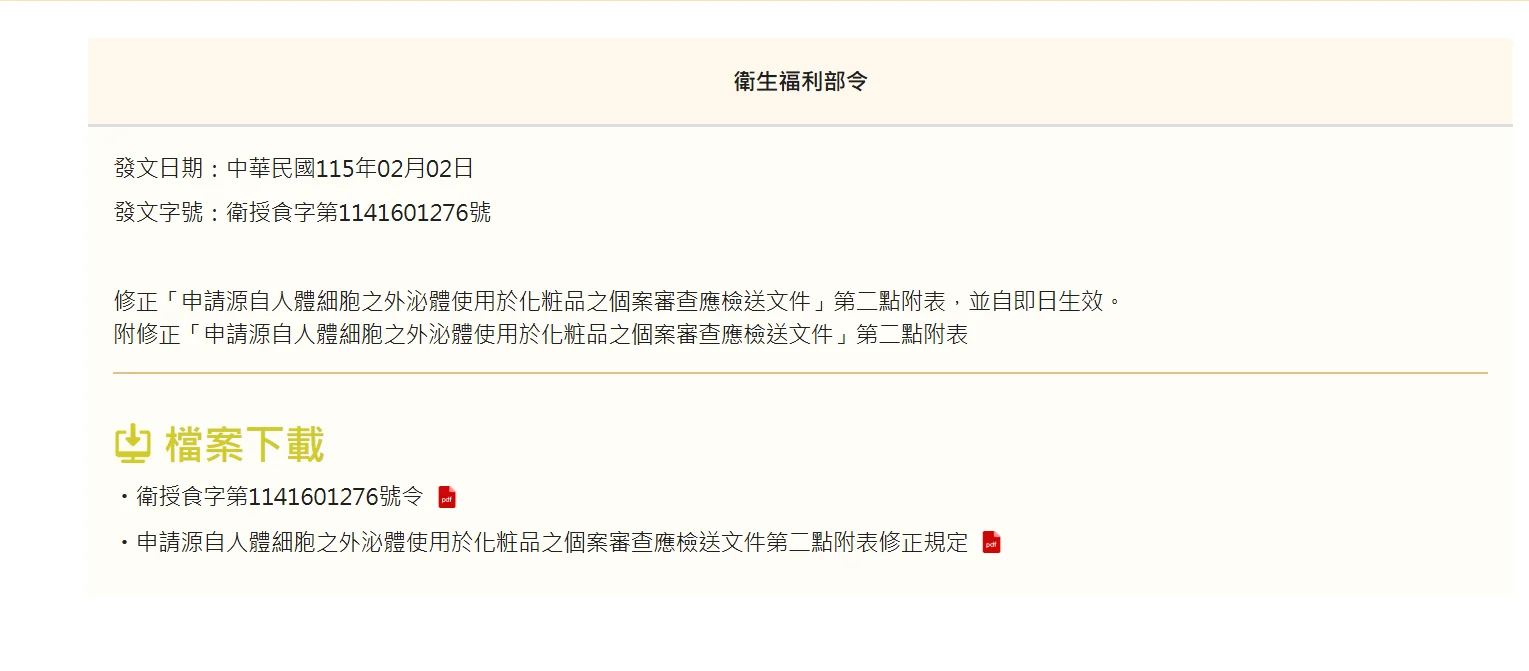 修正「申請源自人體細胞之外泌體使用於化粧品之個案審查應檢送文件」第二點附表，並自即日生效。