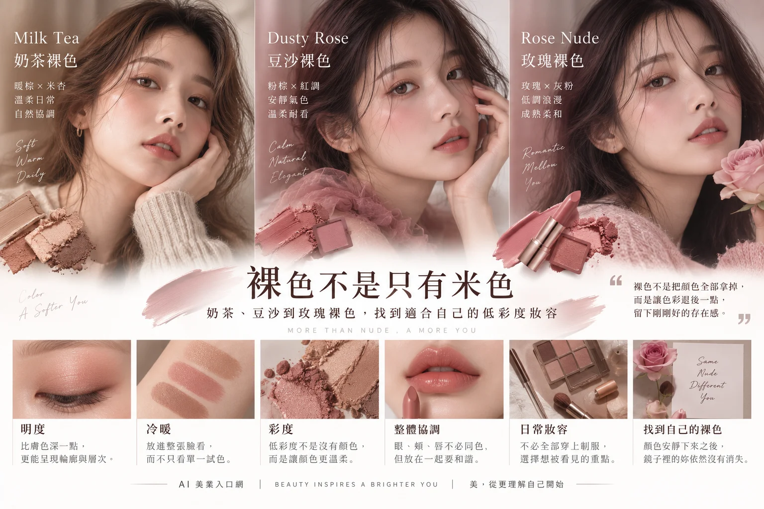 裸色不是只有米色：奶茶、豆沙到玫瑰裸色，找到適合自己的低彩度妝容
